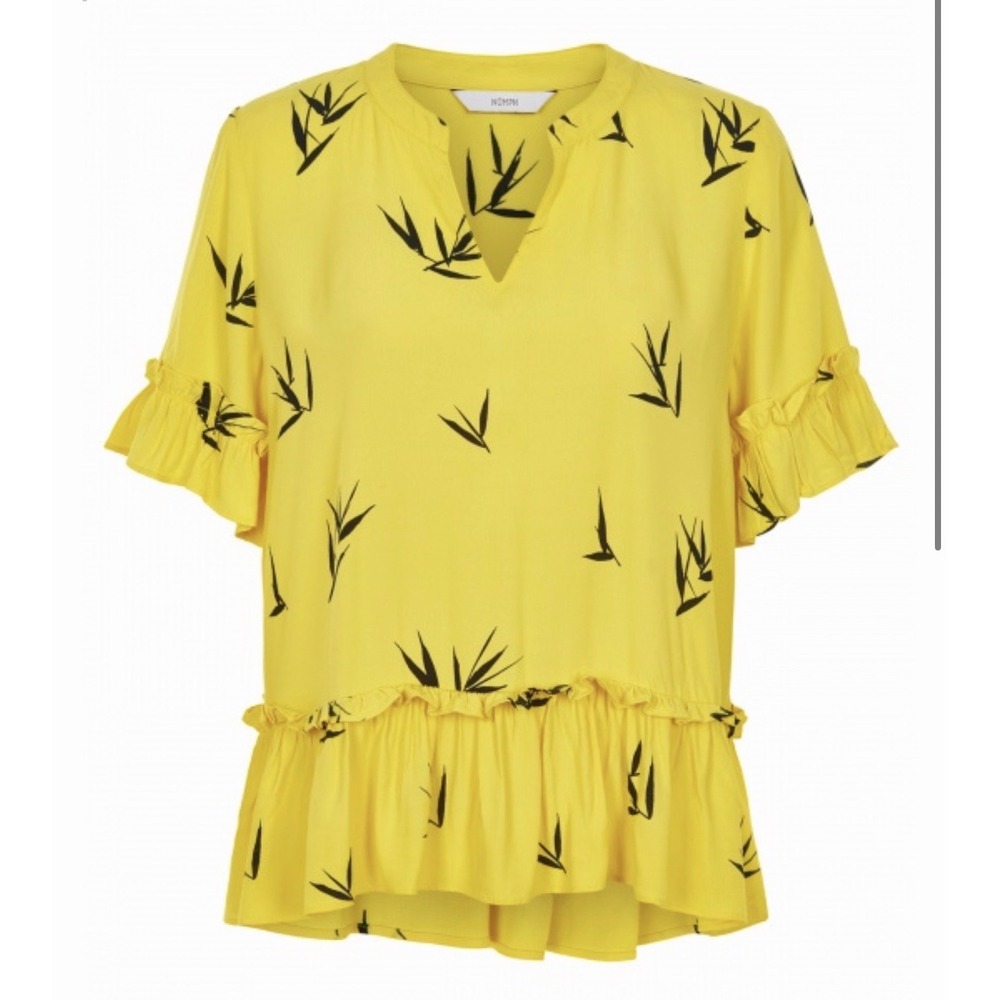 Numph Womens 36 Jessamine Blouse Yellow Bamboo Leaf Ruffle Peplum Top designer
